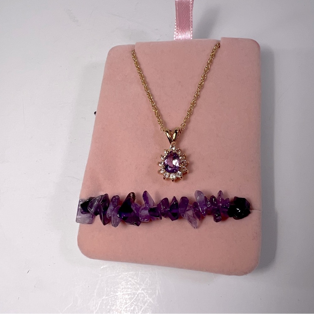 Amethyst & Cubic Zirconia Pendant Necklace Gold Tone Rope Chain Teardrop Cut